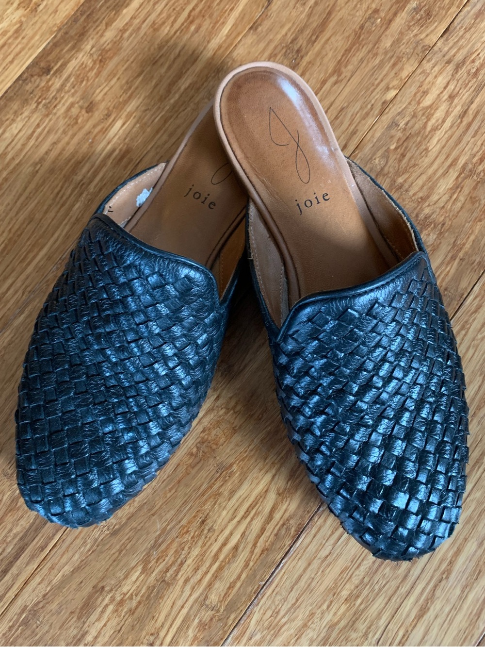 Joie Black Woven Leather Slip-On Mules